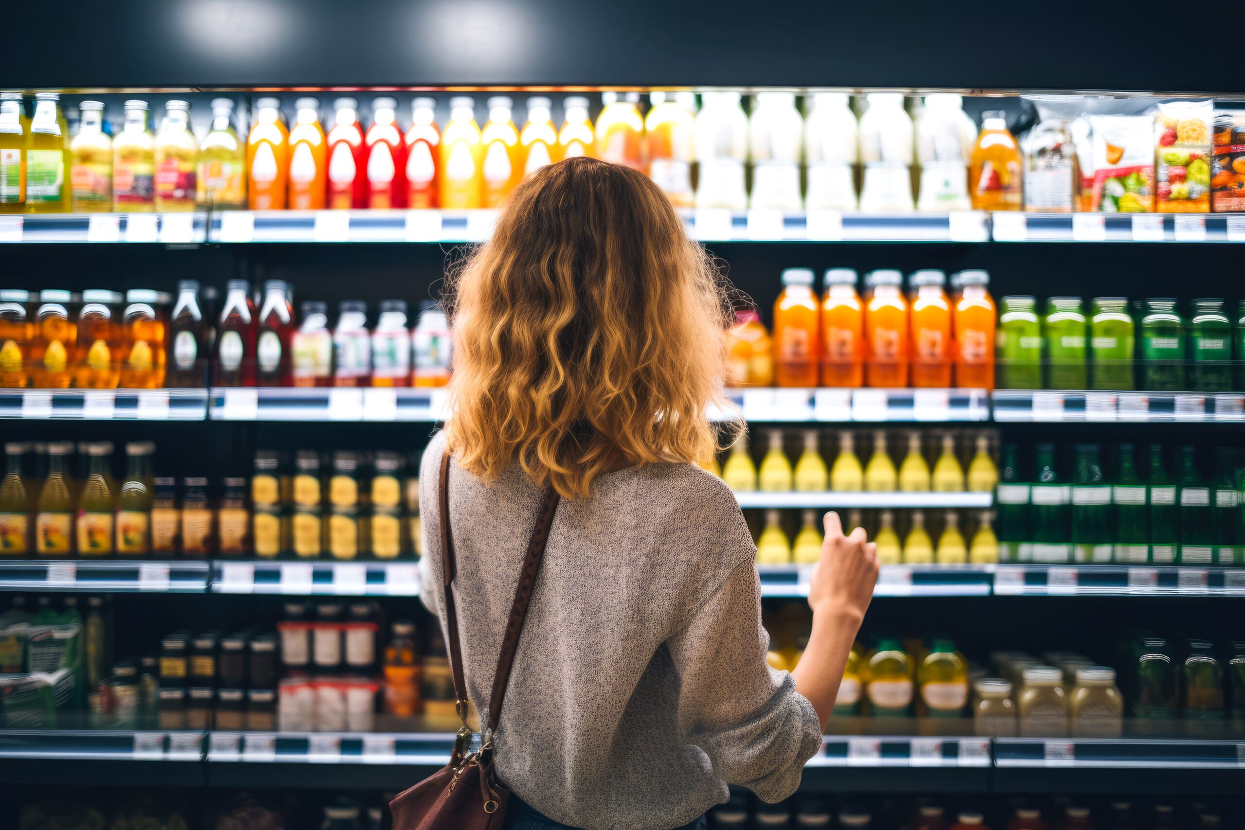 back view of young woman looking at bottle of juice in grocery store